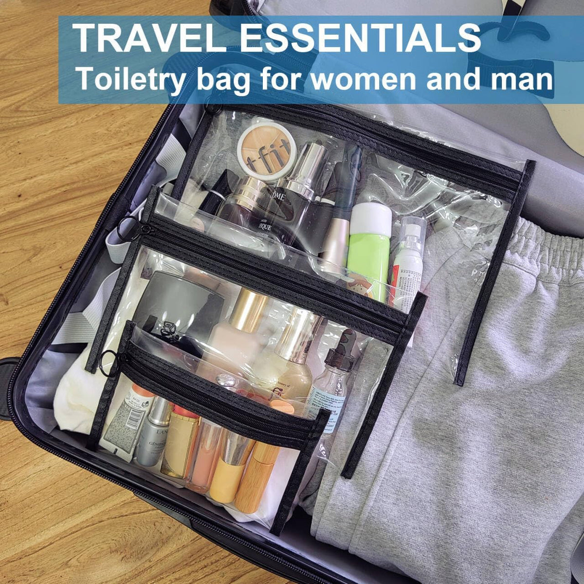 Clear Toiletry Bags Set with Loop Zipper, 3 Sizes PVC Cosmetic Pouches for Travel