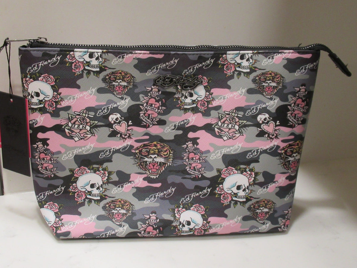 Large Cosmetic Makeup Bag Case with Skull & Tiger Tattoo Design - Ed Hardy