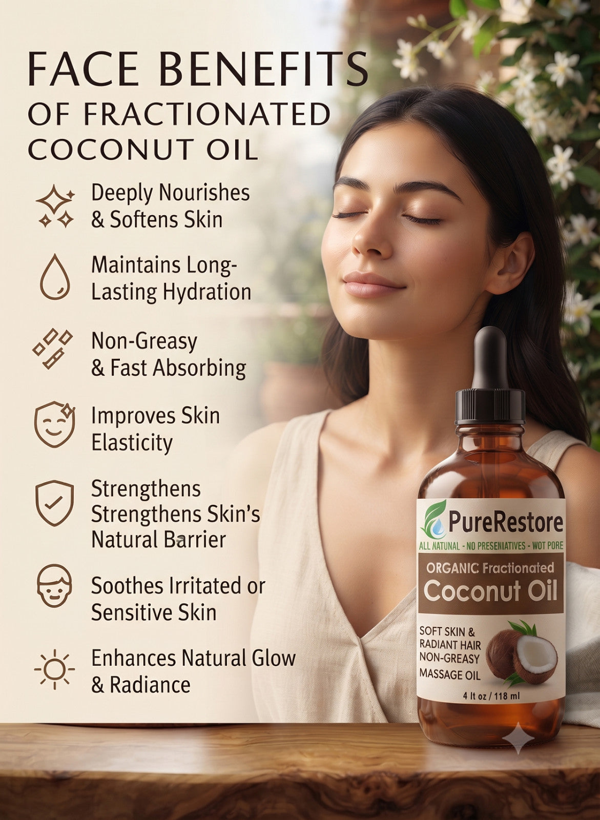 Organic Fractionated Coconut Oil for Skin & Hair - PureRestore, 0.33oz-4oz Variants