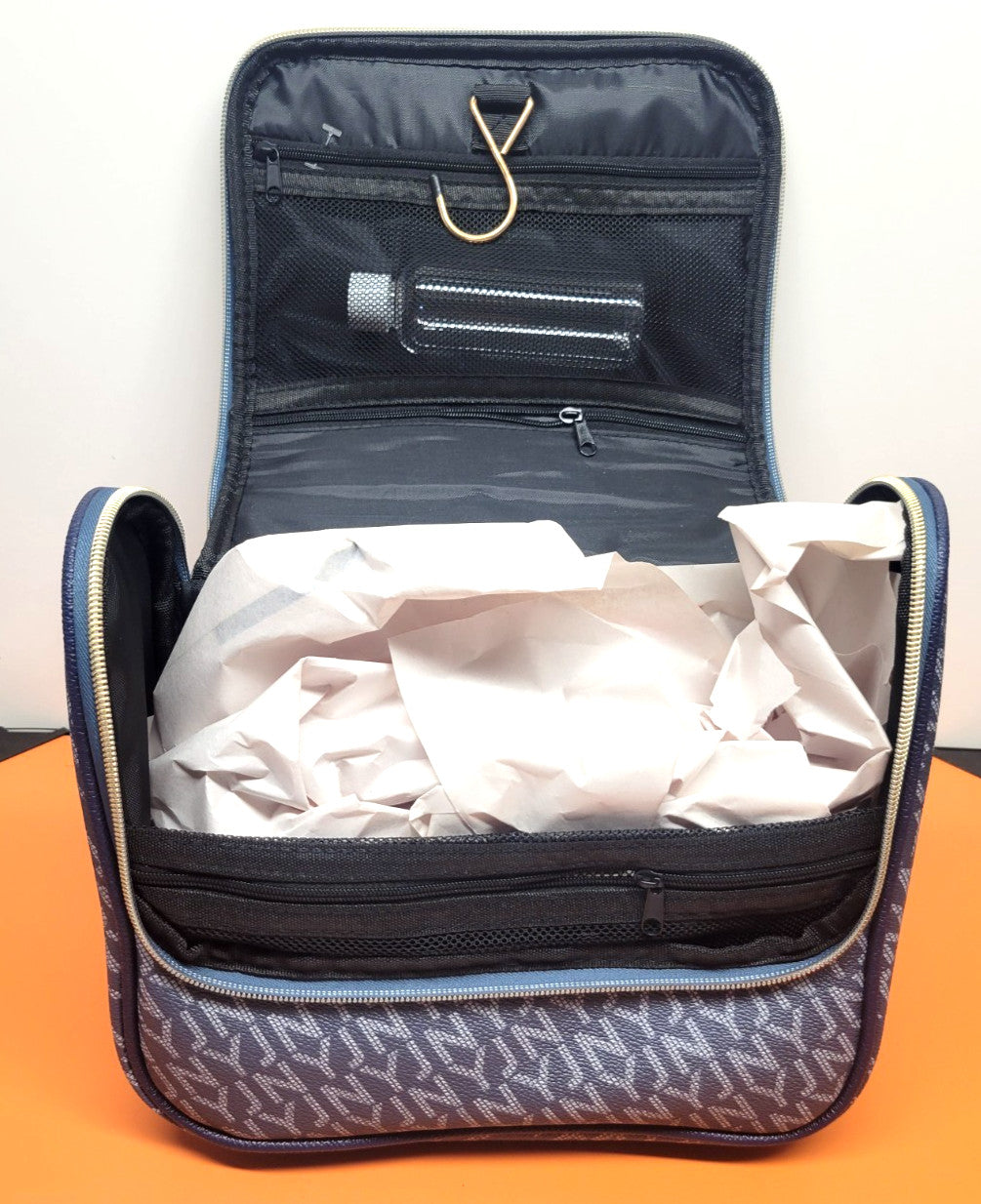 Travel Cosmetic Bag with Bottles & Hanger - Blue & Gray