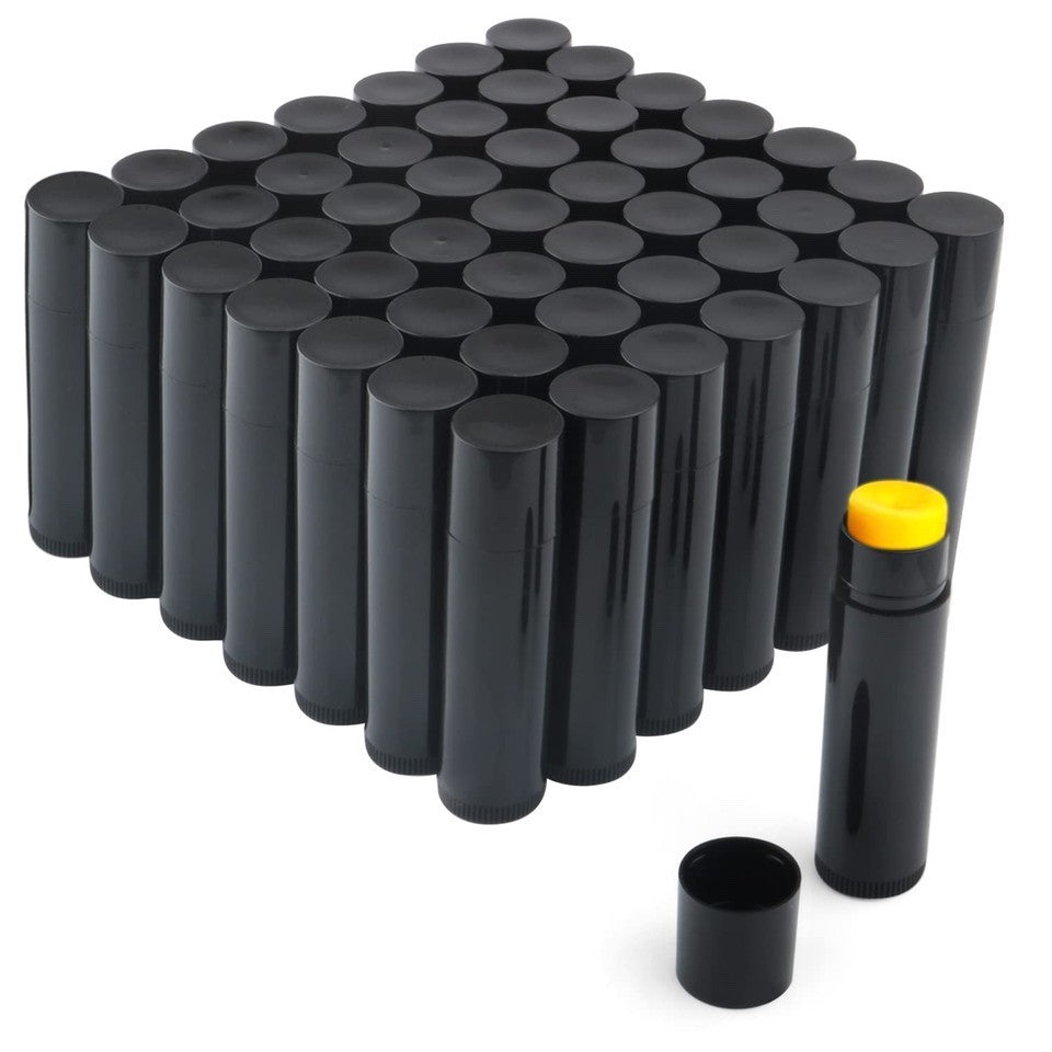 50 Empty Lip Balm Tubes with Tray - Black Plastic Chapstick Containers BPA-Free