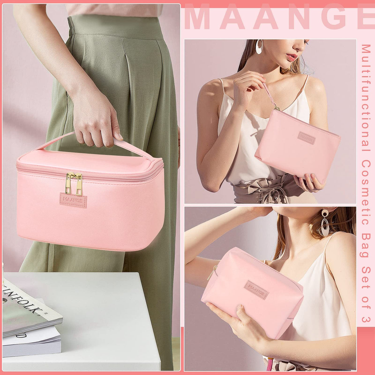 Large Travel Makeup Bag with 2 Small Cosmetic Pouches - Portable Leather Organizer Set