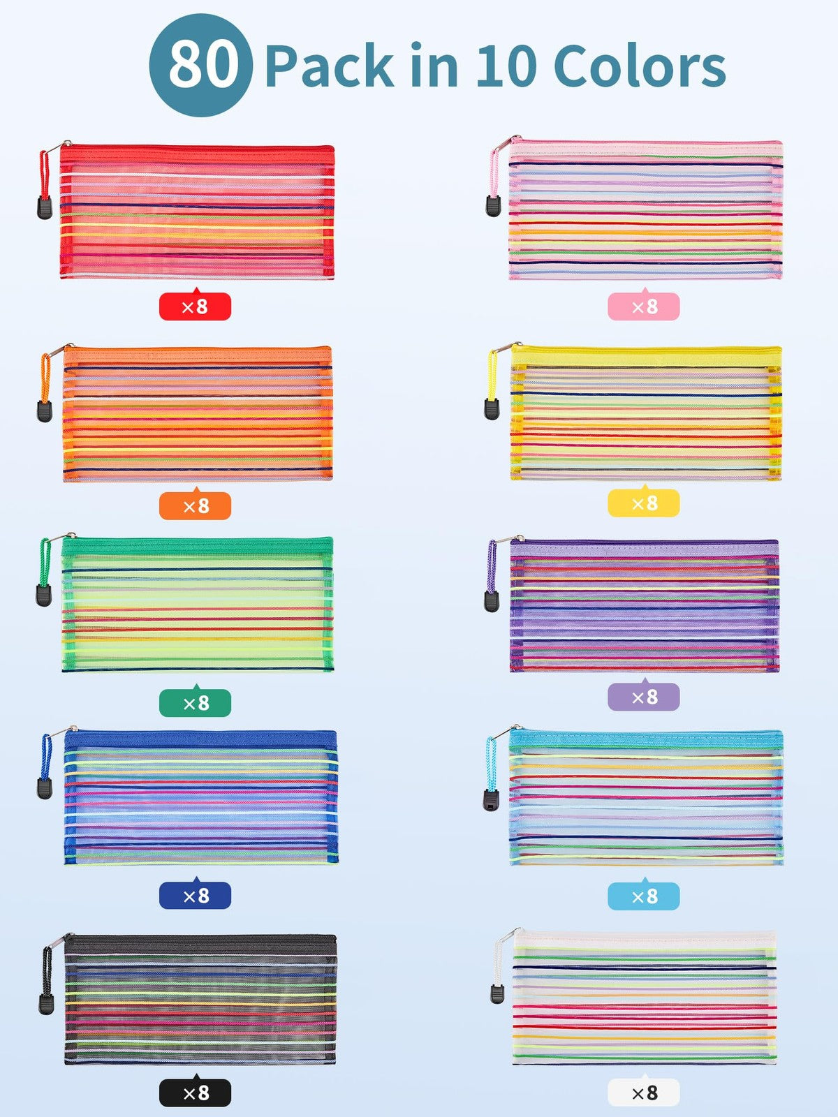 80 Pcs Mesh Zipper Pouches Bulk Storage Bags for Organization - 10 Colors