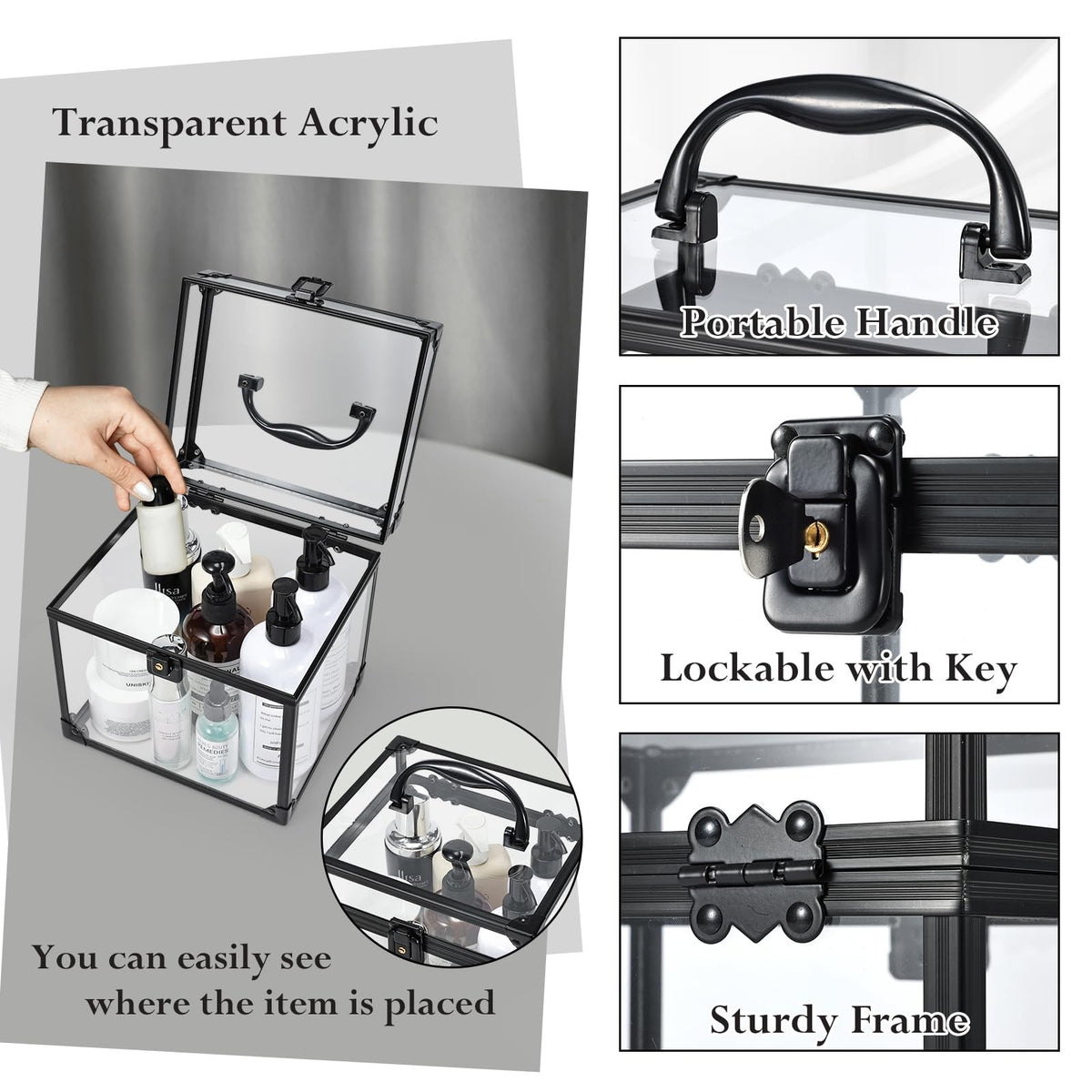 Portable Clear Makeup Organizer Case with Lockable Handle - Travel Cosmetic Storage Box