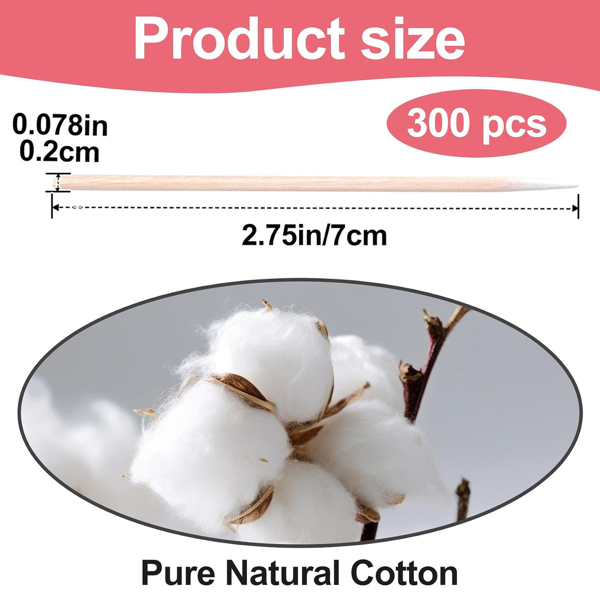 Pointed Cotton Swabs 2.75 Inch — Wooden Sticks for Makeup, Tattoo & Nail Art (300 Pack)