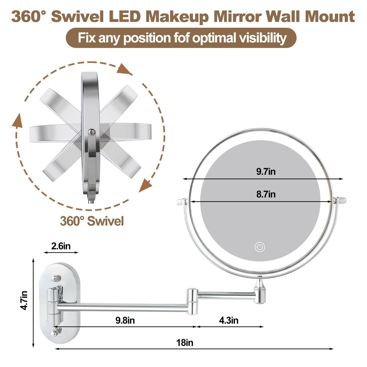 Rechargeable Lighted Wall Mount Makeup Mirror with 20X Magnification, 3 Light Modes