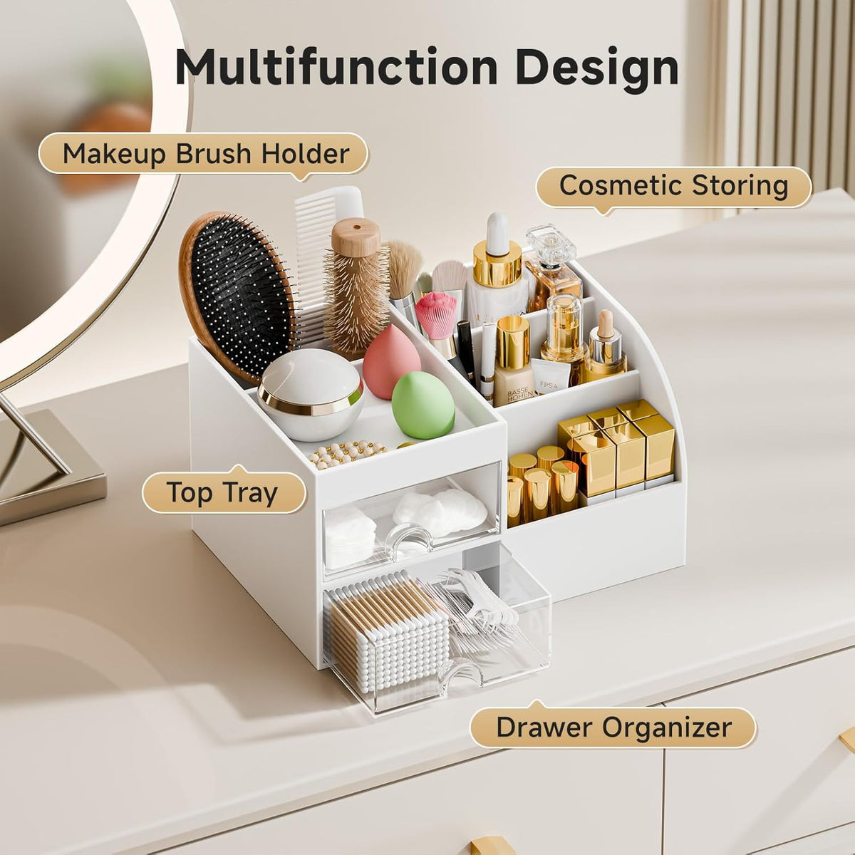 Makeup Organizer with 2 Drawers and Compartments for Vanity and Storage