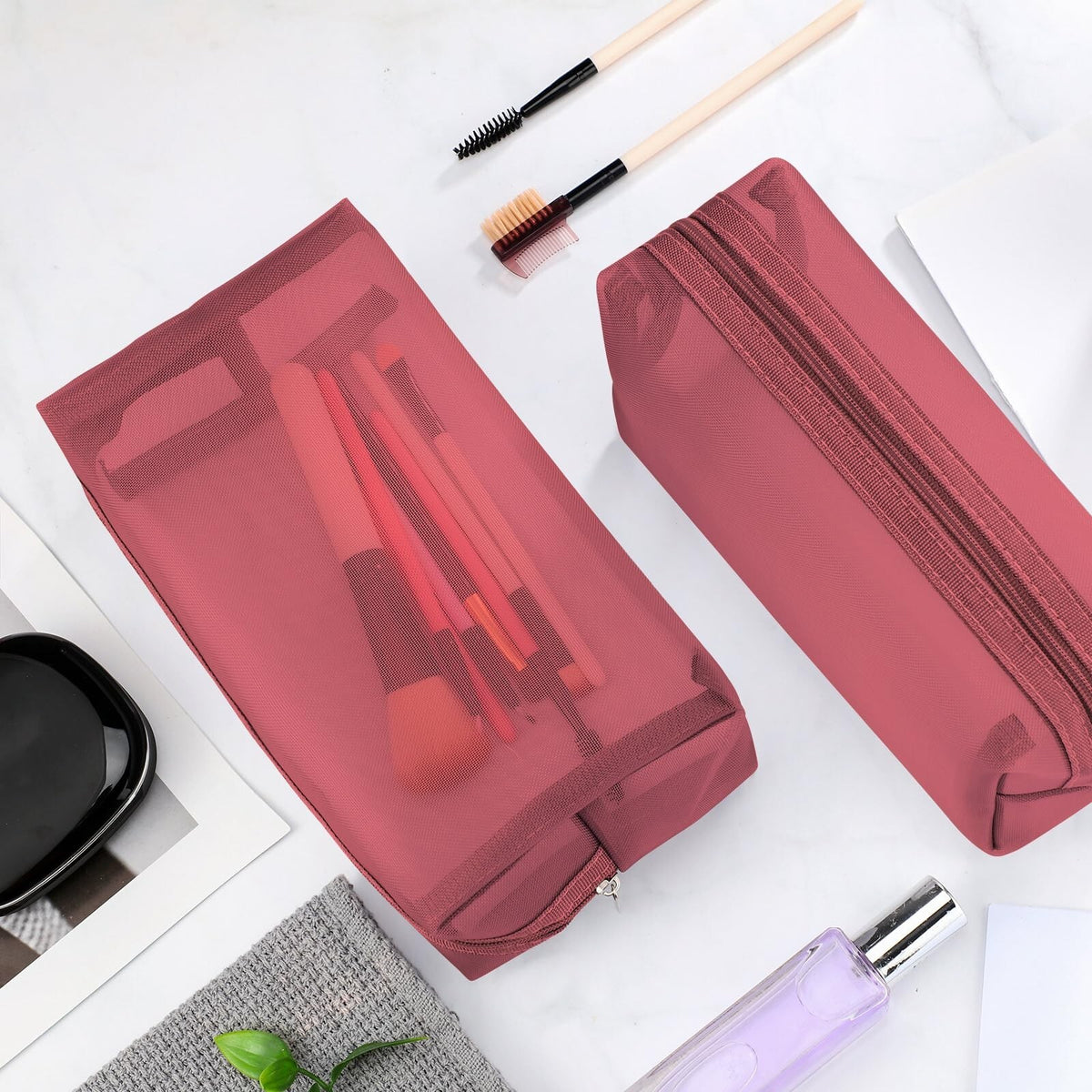 Mesh Makeup Bags Set of 6 Portable Travel Organizers with Zippers