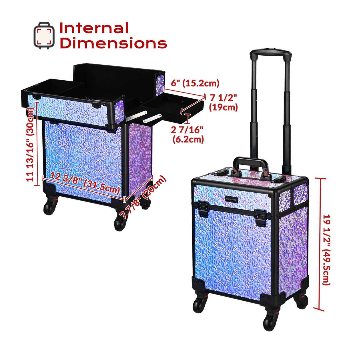 Rolling Makeup Train Case with Extendable Trays - Aluminum Cosmetic Organizer