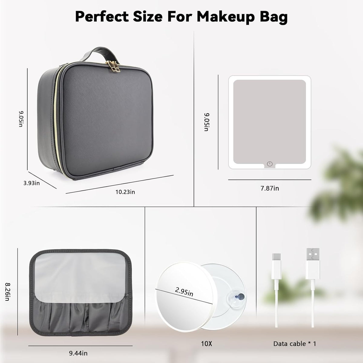 Travel Makeup Bag with LED Mirror and 10X Magnifying Glass - Portable Organizer