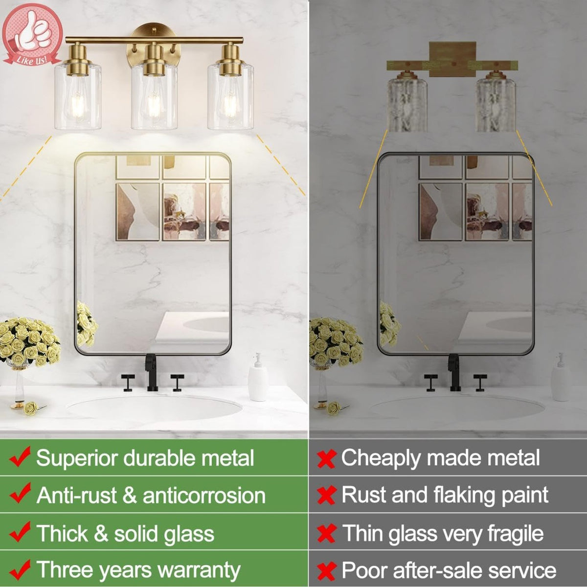 3-Light Modern Bathroom Wall Sconce with Clear Glass Shades - Brushed Brass Finish