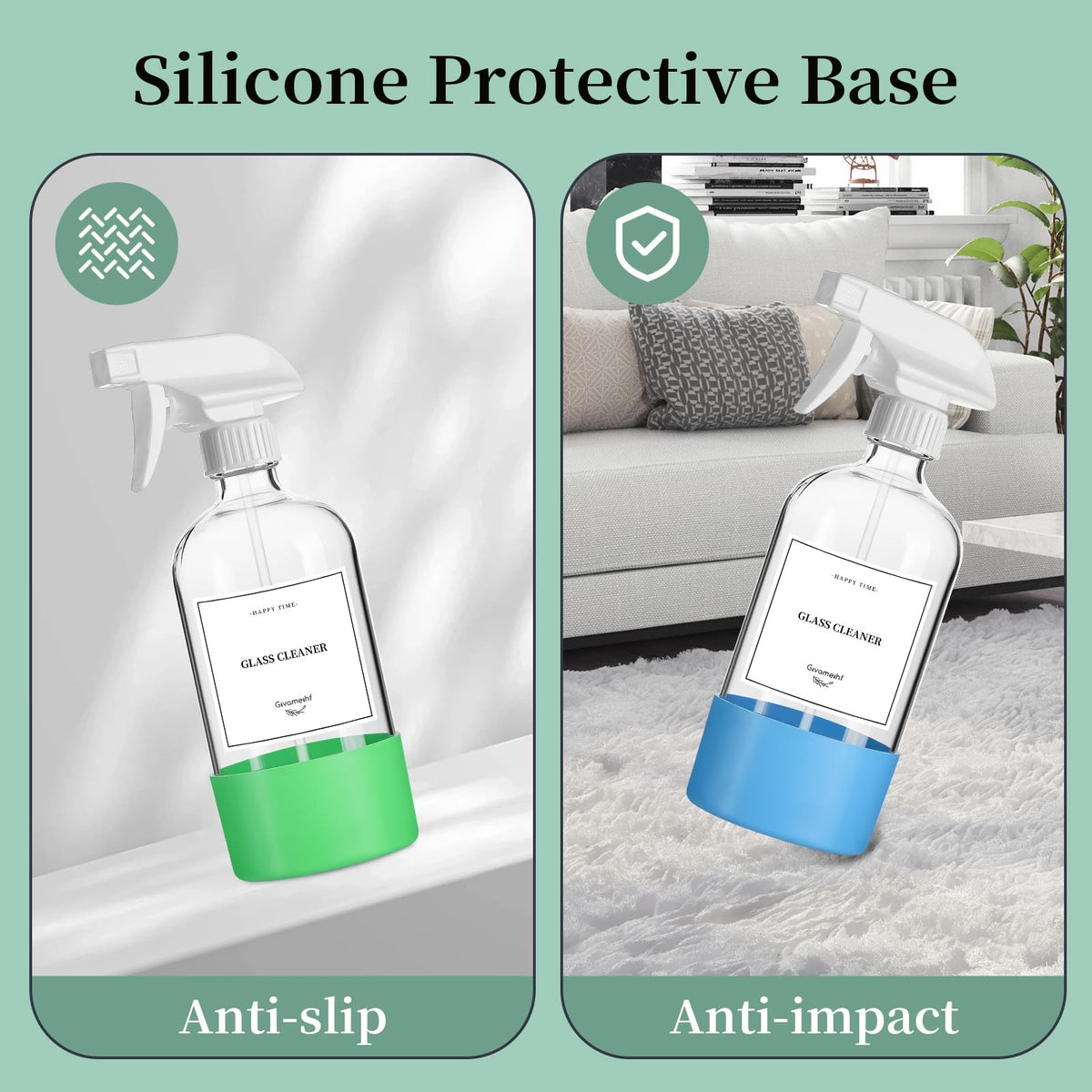 16 Oz Glass Spray Bottles Set with Silicone Sleeves & Adjustable Nozzle