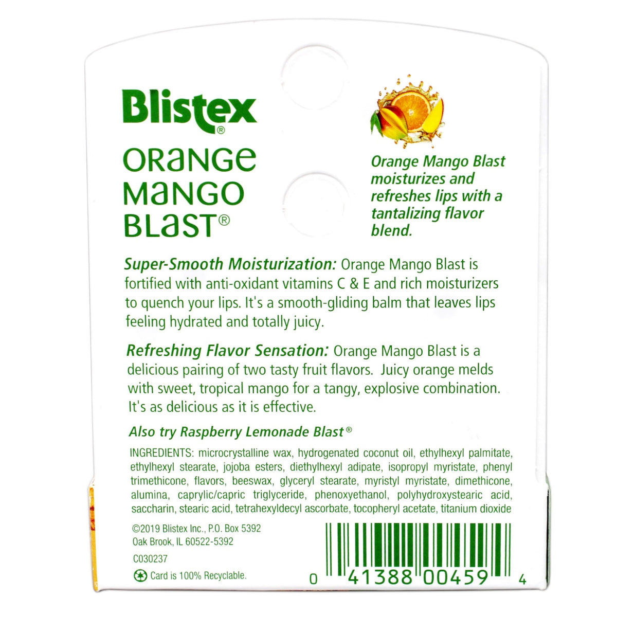 Moisturizing Lip Balm with Vitamins C & E - Tropical Orange Mango Flavor, 0.15 OZ, 2 Pack