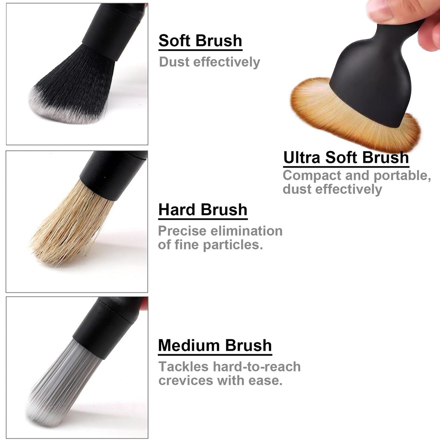 4 Pack Car Detailing Brushes Set - Soft, Medium, Hard & Faux Wool