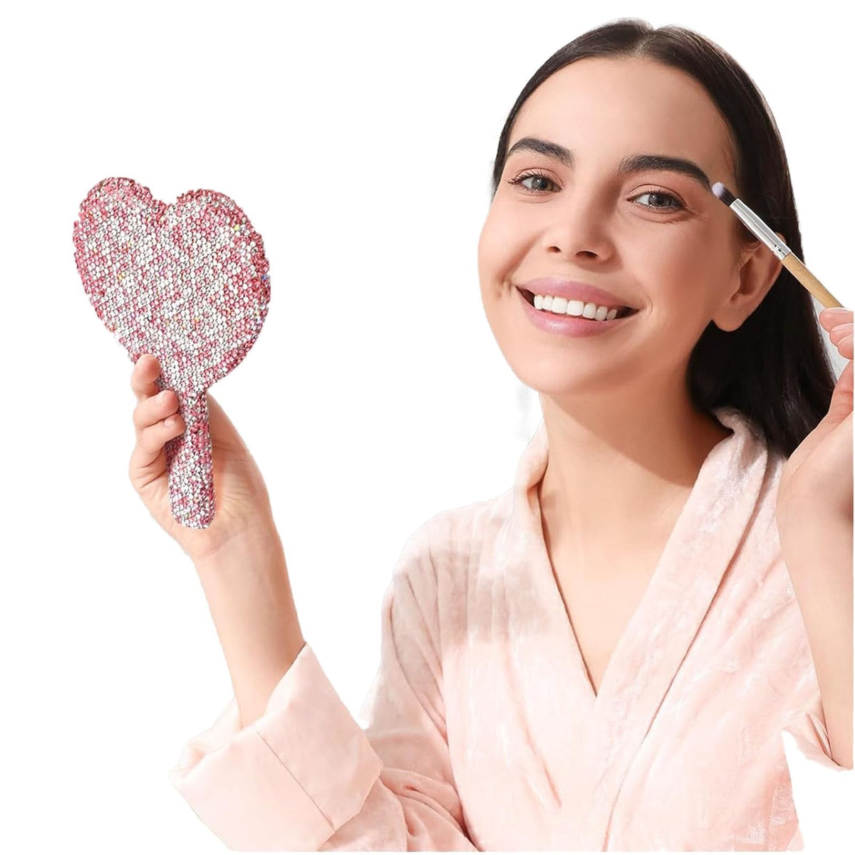 Large Heart-Shaped Rhinestone Handheld Mirror with Glitter Handle for Women