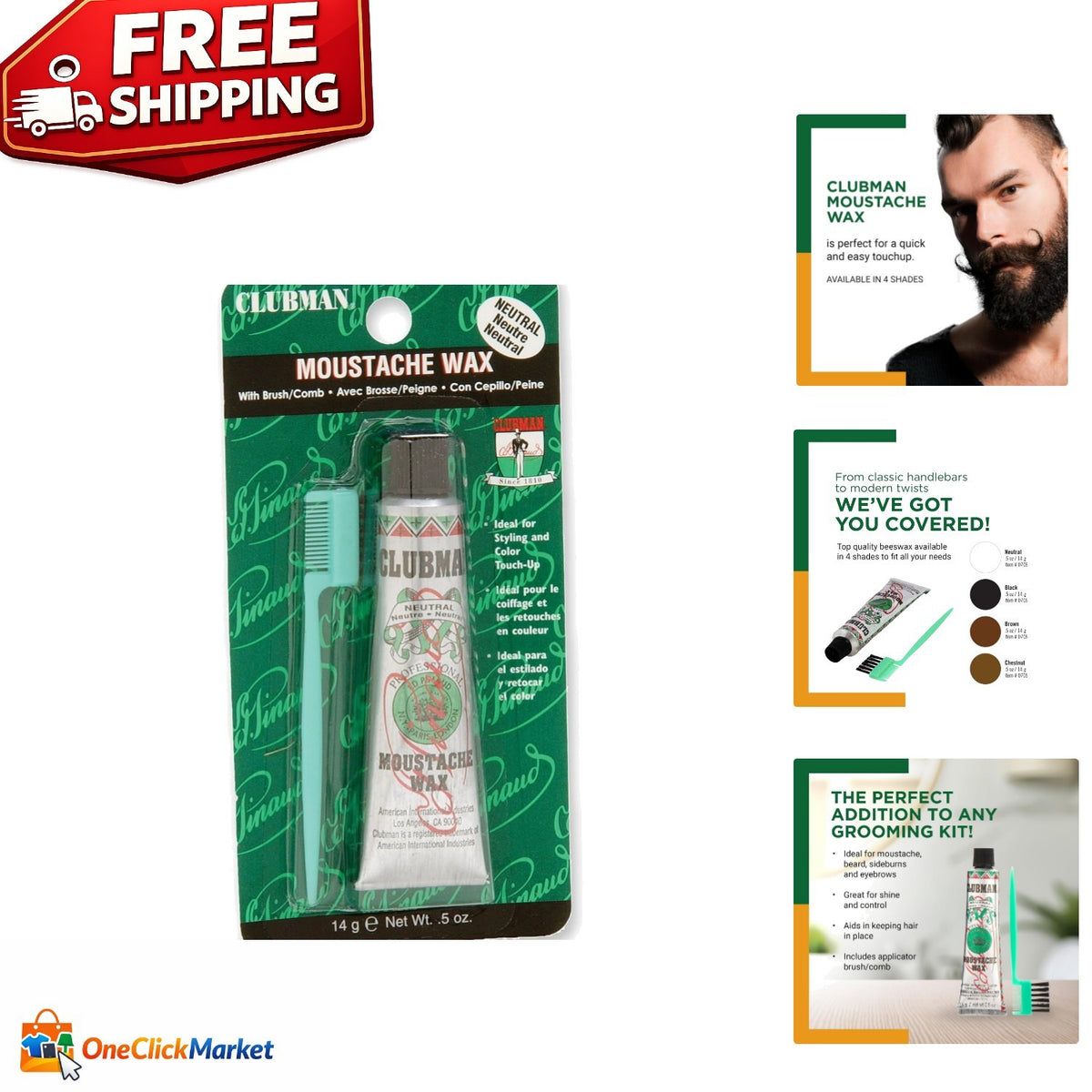 Men's Mustache Wax Strong Hold Neutral Color 0.5 Oz Grooming Product