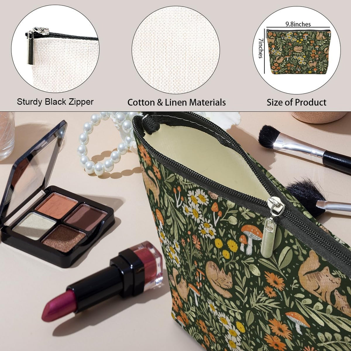 Cat-Themed Makeup Bag – Cute Floral Mushroom Cosmetic Pouch for Women