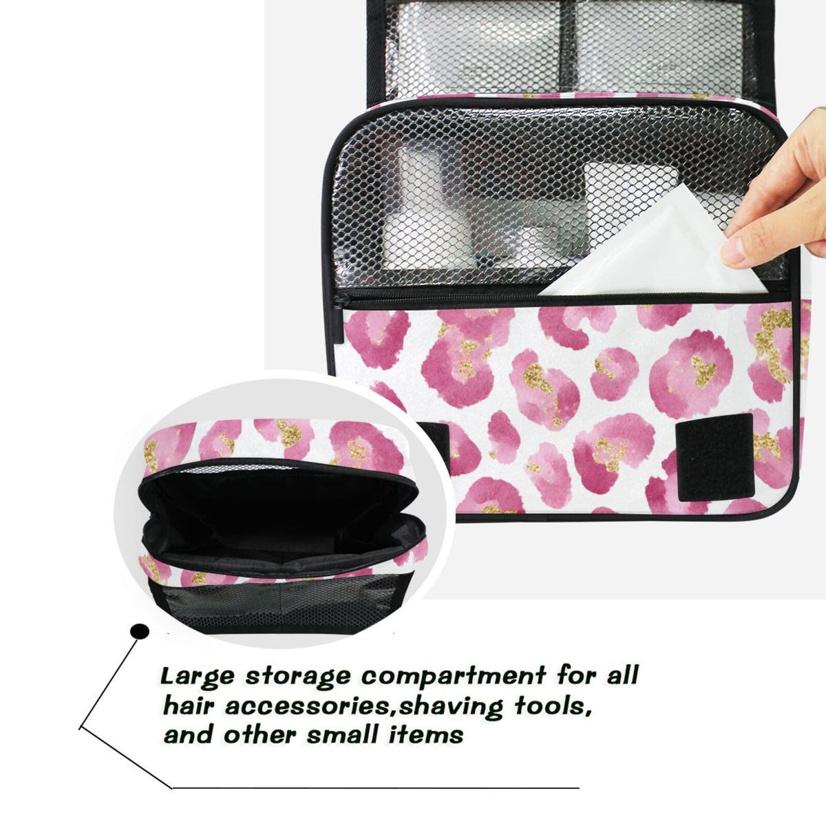 Pink Leopard Hanging Toiletry Makeup Bag - Travel Organizer with Water-Resistant Nylon
