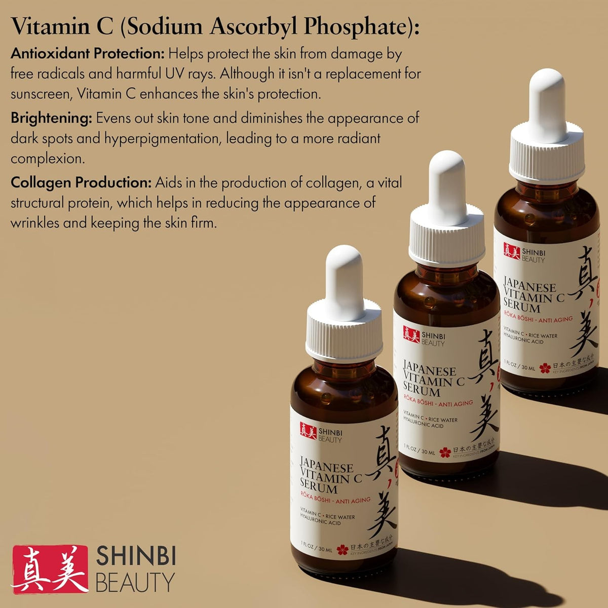 Vitamin C Serum with Rice Water & Hyaluronic Acid - Brightening Face Serum 1 FL OZ
