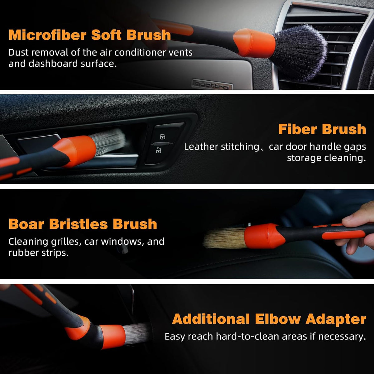 Car Detailing Brush Set with Horsehair and Boar Bristle - 9 Pieces