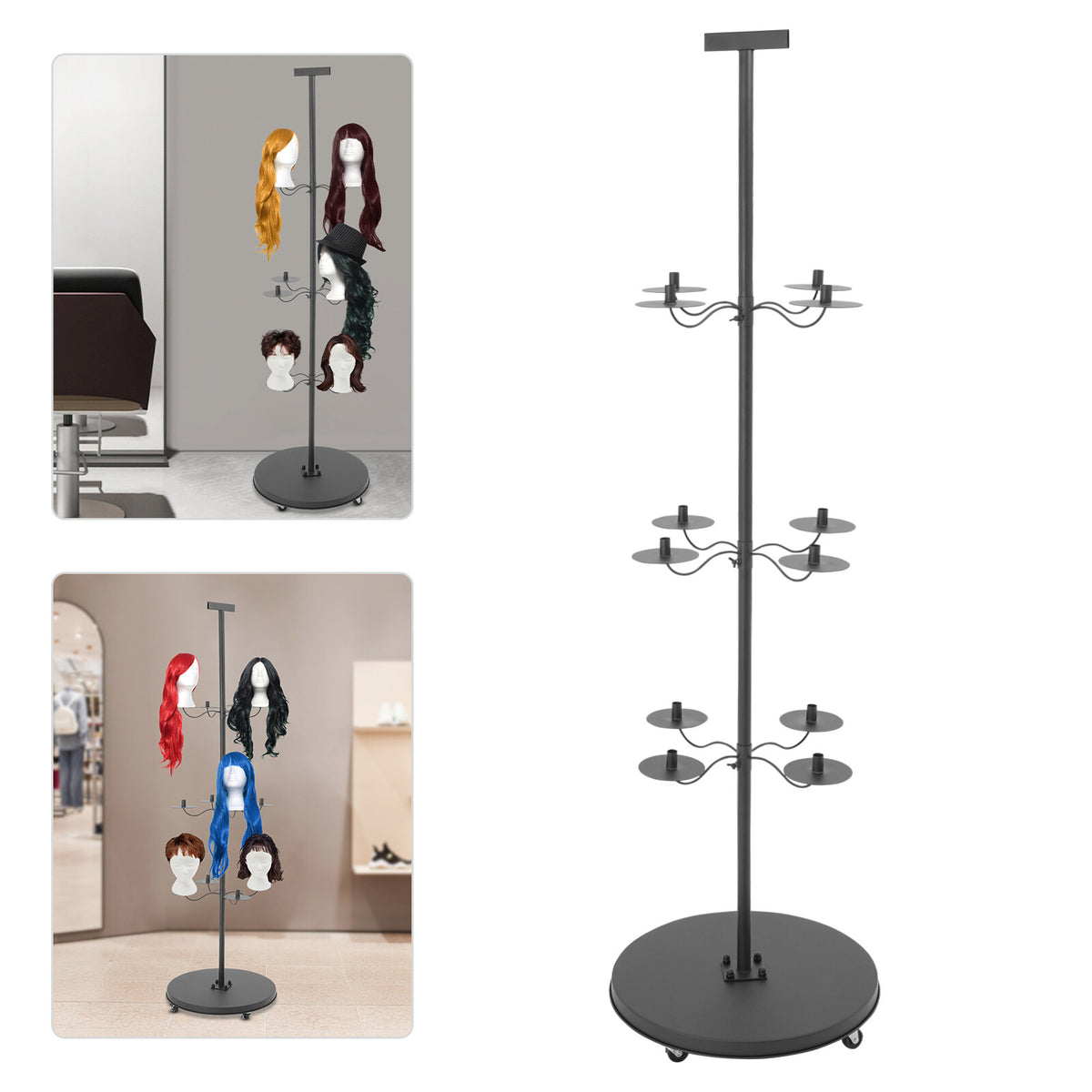 Wig Head Stand for Styling - Holds 12 Wigs, Adjustable Tripod Metal Organizer