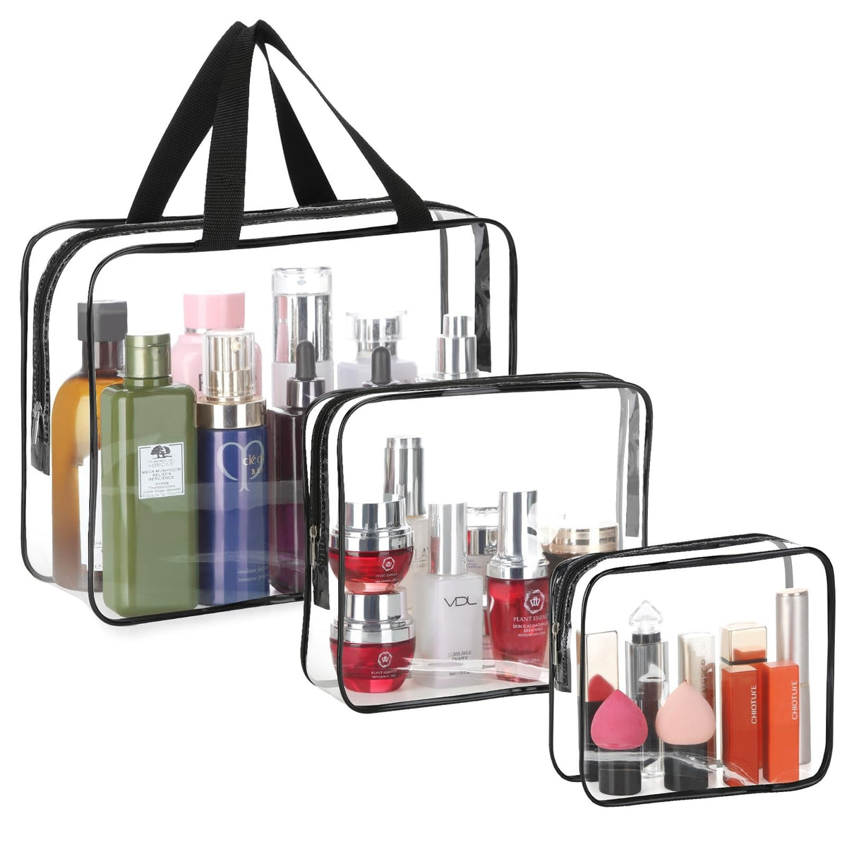 3 Pack Transparent PVC Travel Toiletry Cosmetic Bag Set Waterproof Organizer