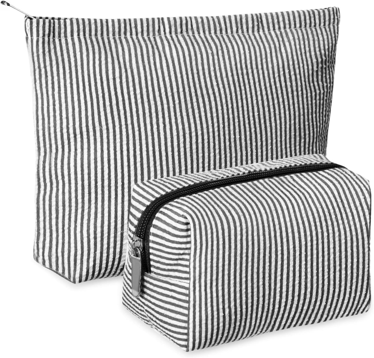 2-Piece Makeup Bag Set with Seersucker Material and Colorful Stripes - Travel Cosmetic Pouches for Women