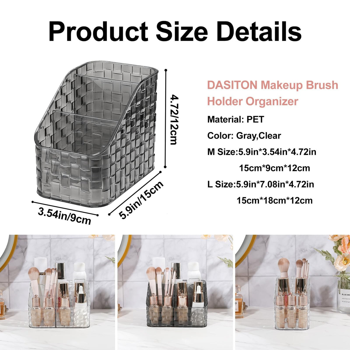 Makeup Brush Organizer Holder 3 Slots Acrylic Vanity Storage Cup Grey