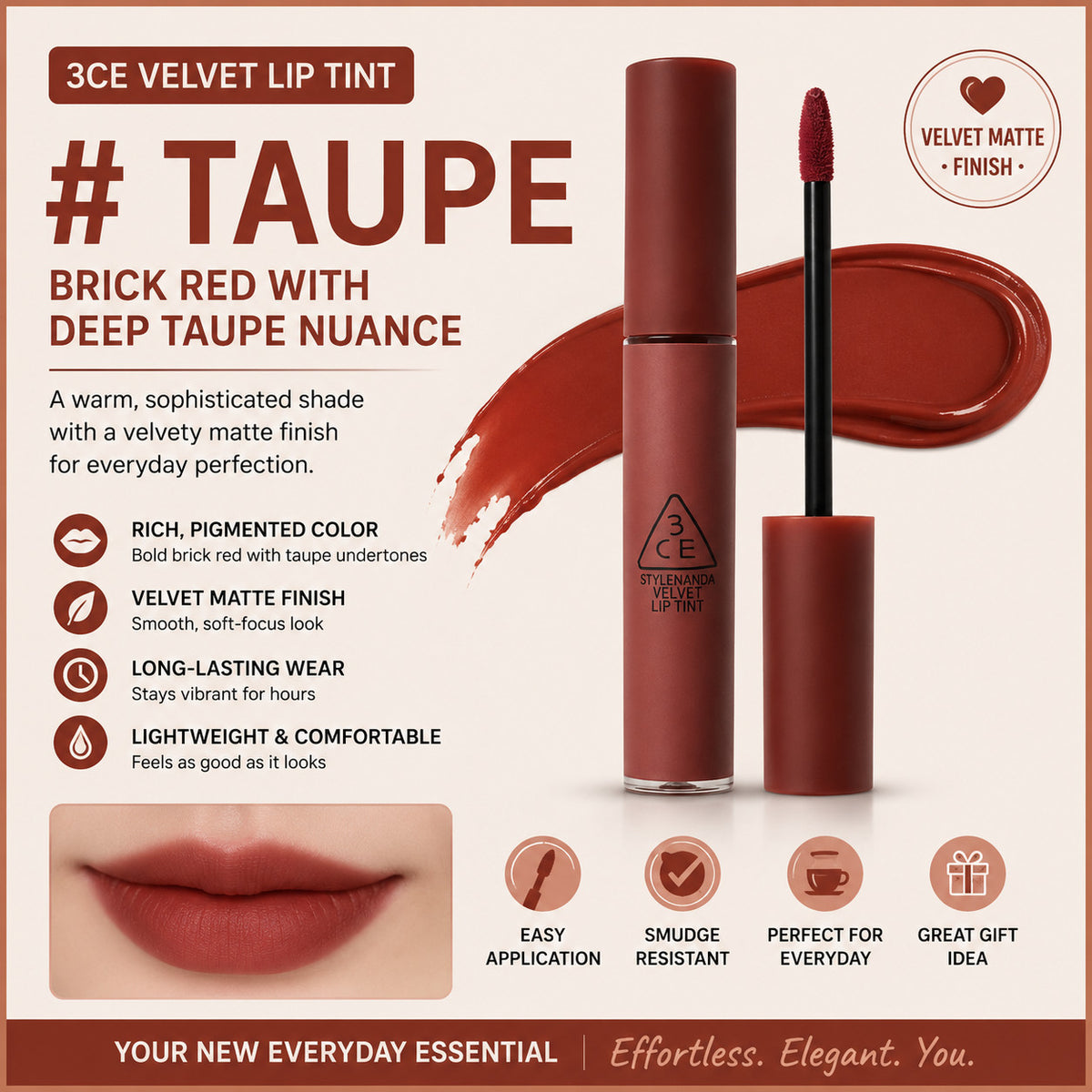 3CE Velvet Lip Tint Taupe Pack of 2 - Long Lasting Matte Lip Stains