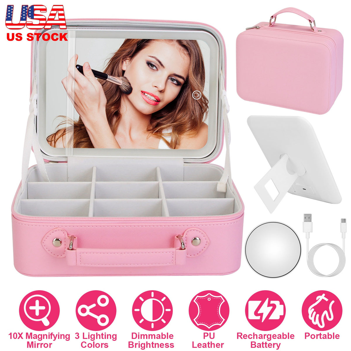 Pink Travel Makeup Bag with LED Lighted Mirror - 3 Brightness Settings