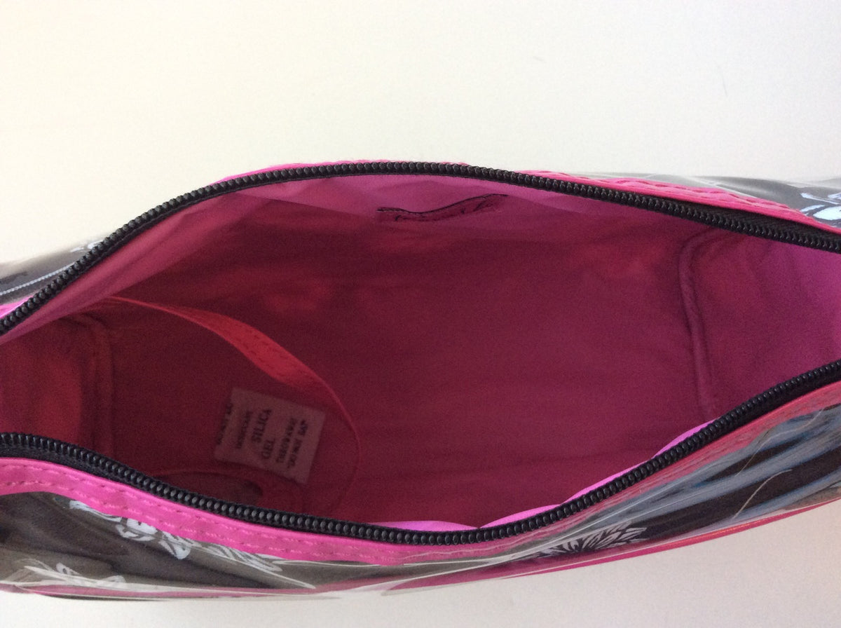 Makeup Bag with Mirror by Prevail White Flowers on Black Pink Trim