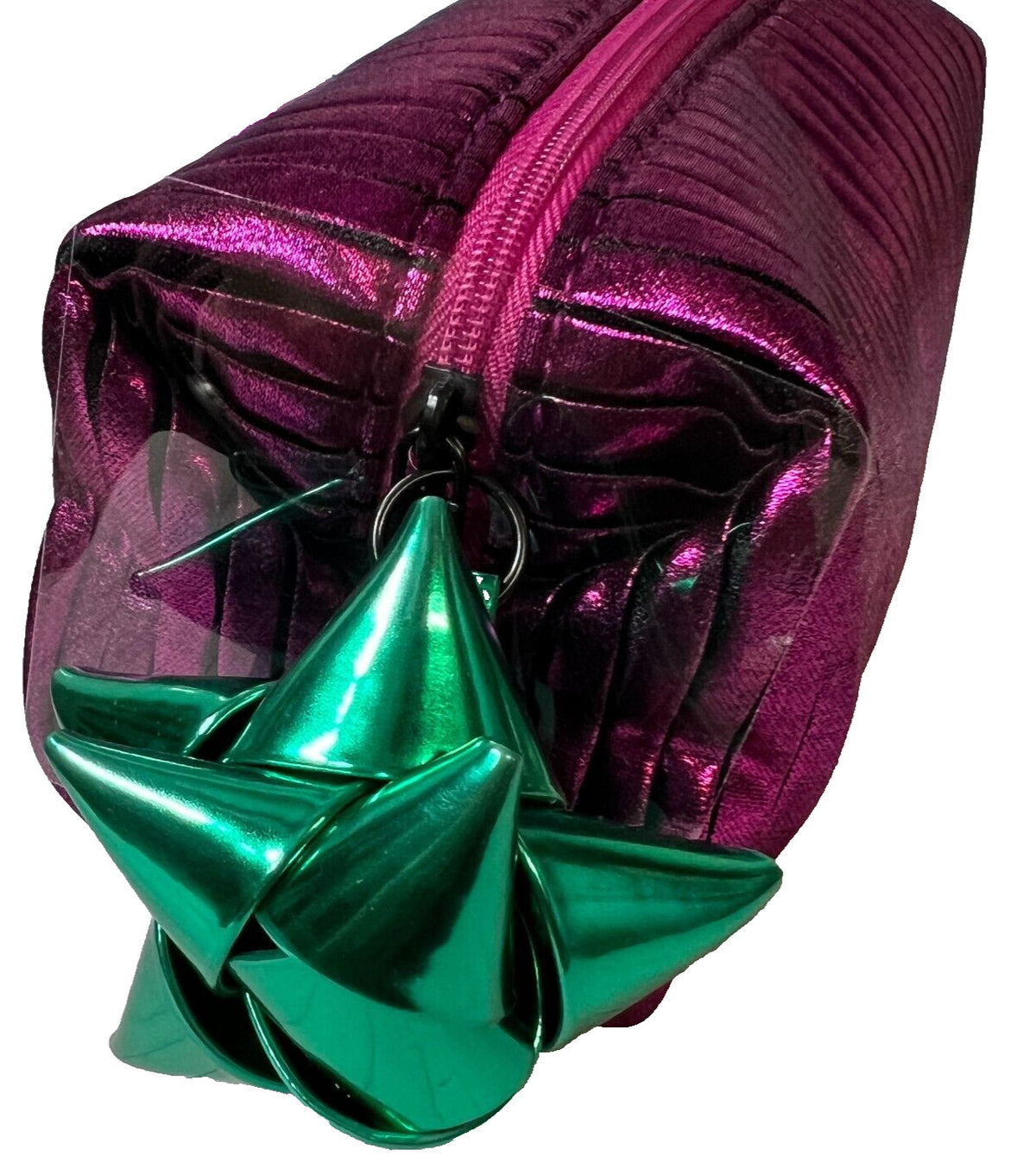 Magenta Cosmetic Bag with Green Bow - Makeup Pouch for Travel & Storage