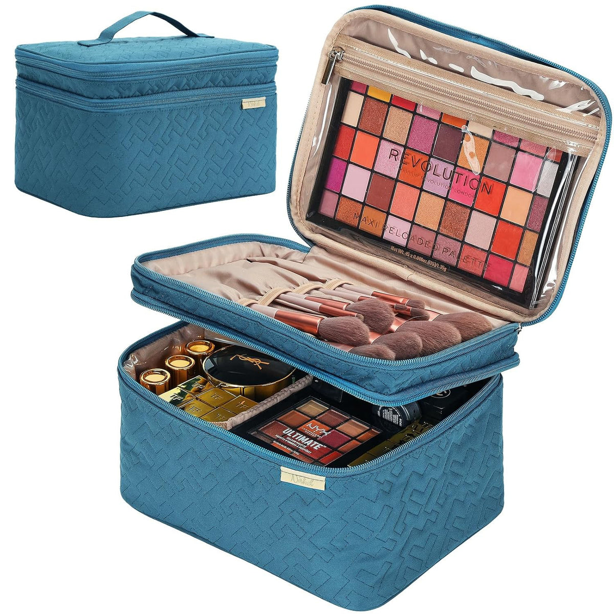 Double Layer Makeup Bag Organizer Travel Cosmetic Case with Adjustable Dividers