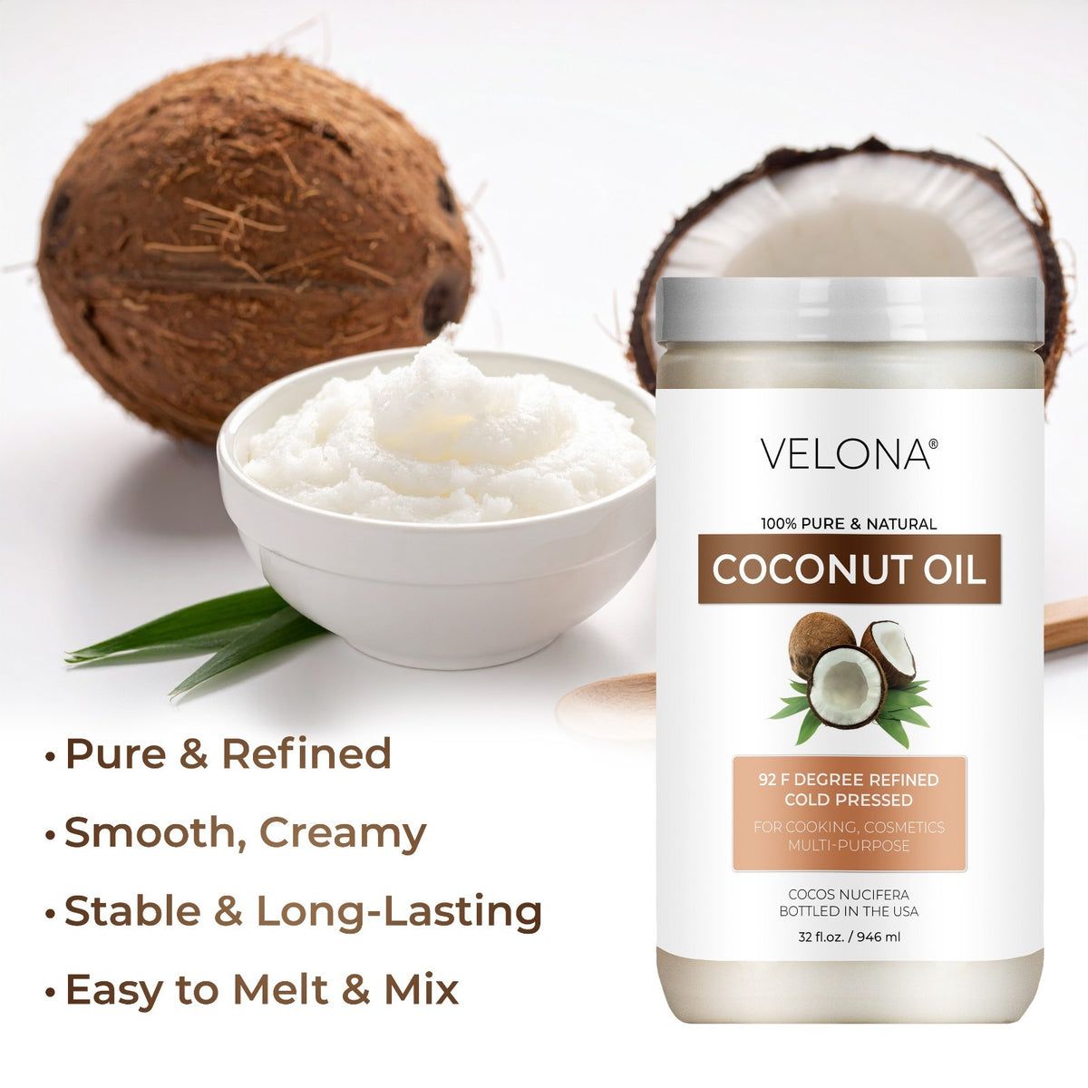 Pure Refined Coconut Oil 92 Degree - Multiple Sizes for Skincare & Cooking