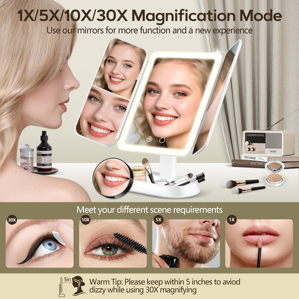 Lighted Makeup Vanity Mirror with 30X/10X/5X Magnification Rechargeable Dimmable LED Desk Mirror
