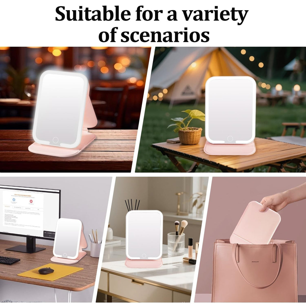 Rechargeable LED Travel Mirror with Lights, Dimmable Touch Screen - Pink