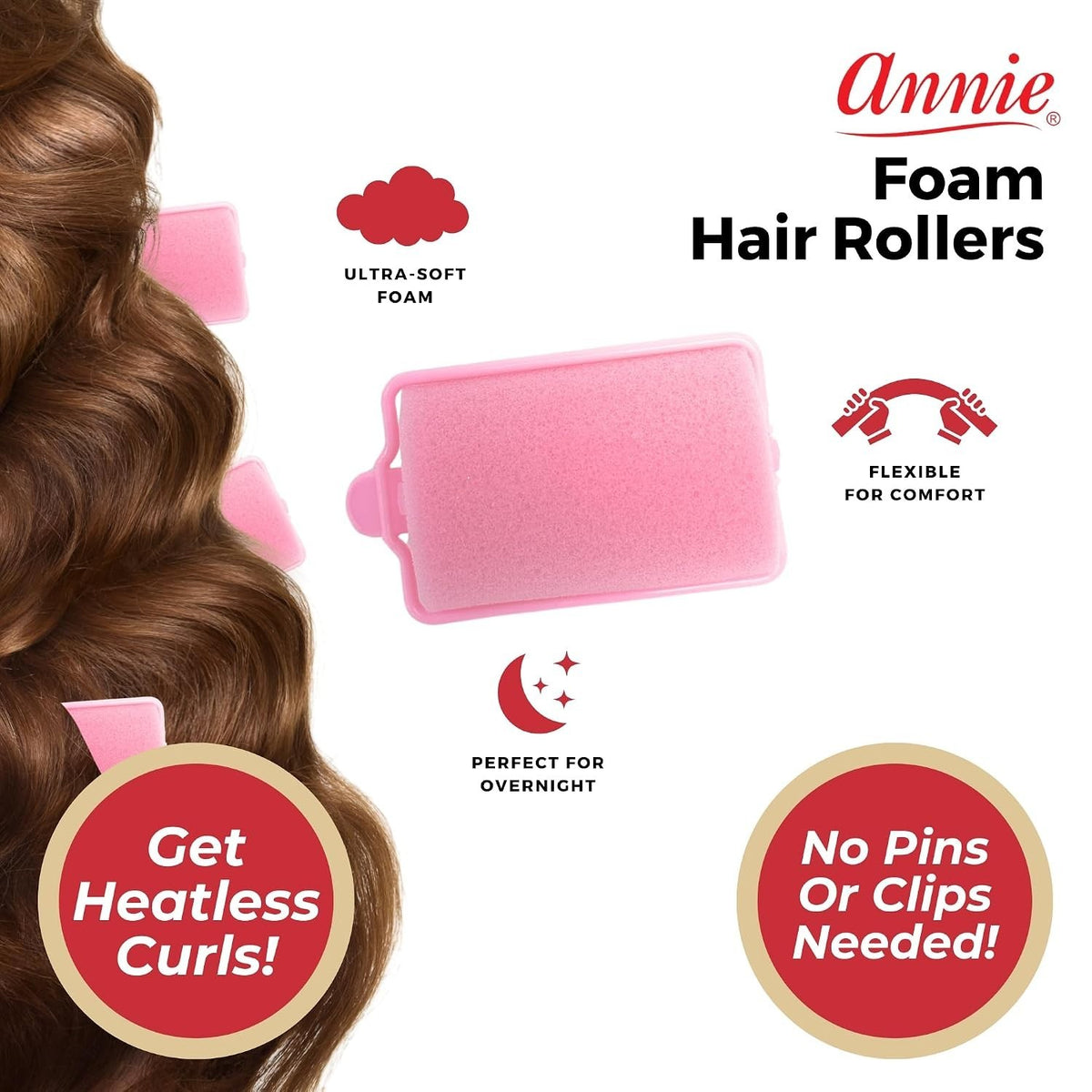 Jumbo Pink Foam Hair Rollers - Heatless Curlers for Effortless Waves, 6 Count