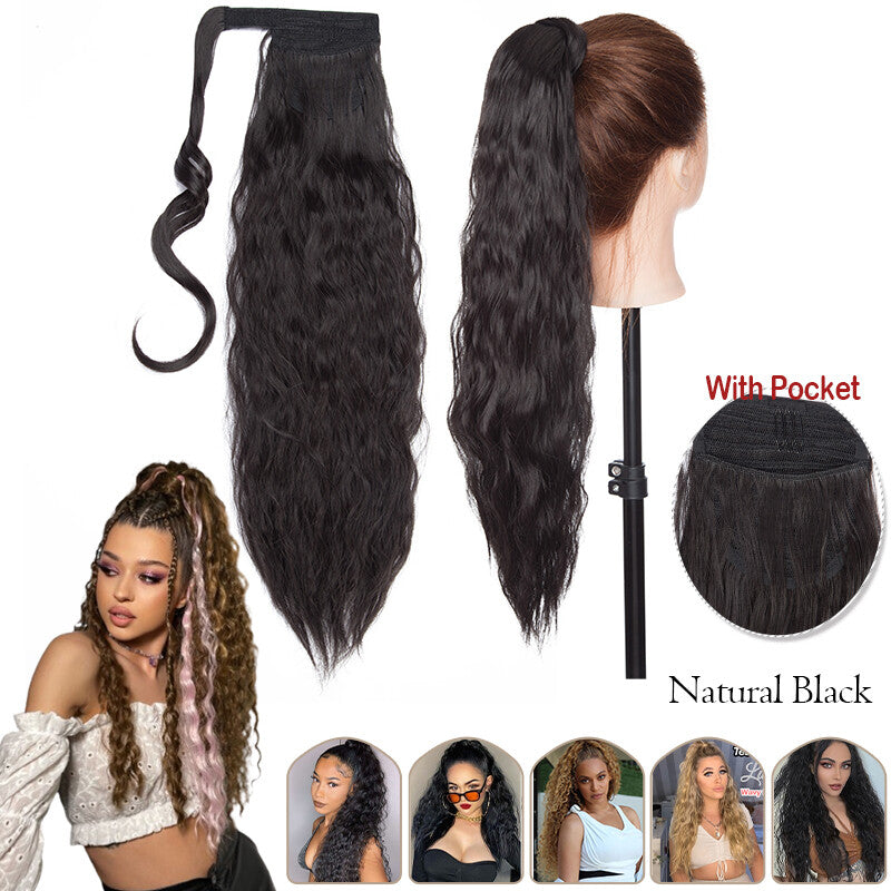 Mega Thick Wrap-On Ponytail Extensions - Natural Human Hair, Curly Wavy Straight