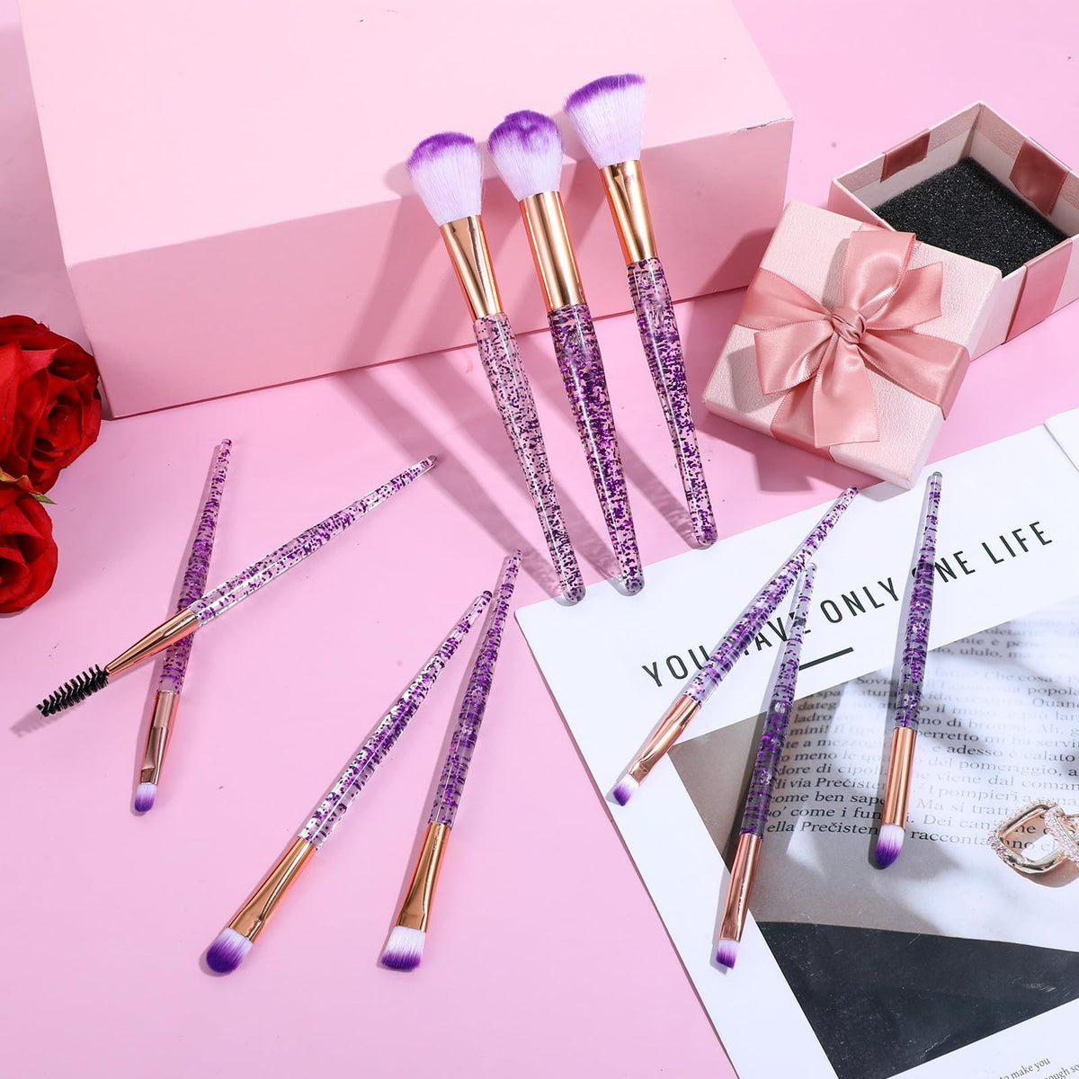 Professional Glitter Makeup Brush Set - 10 Synthetic Face & Eye Brushes