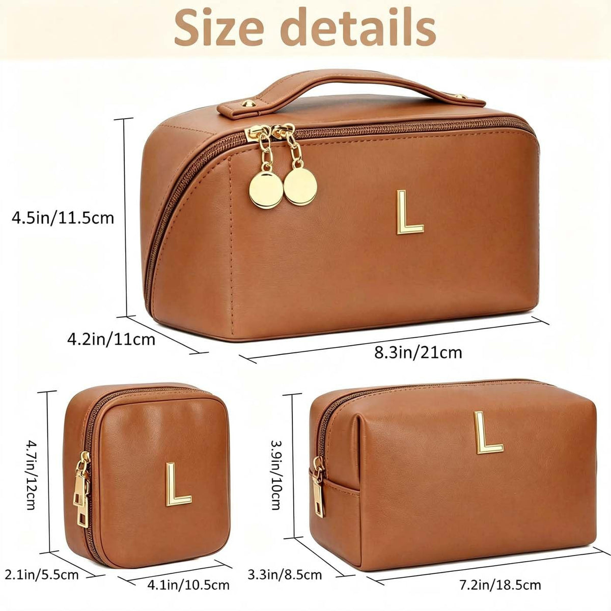 Personalized Makeup Bag with Initials - Large Travel Cosmetic Organizer, Brown