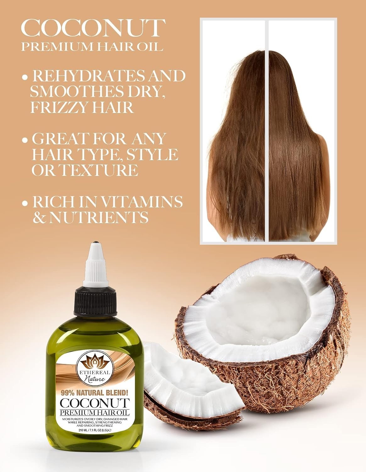 Coconut Infused Hair Oil for Dry & Frizzy Hair - 7.1 fl oz Natural Hair Treatment