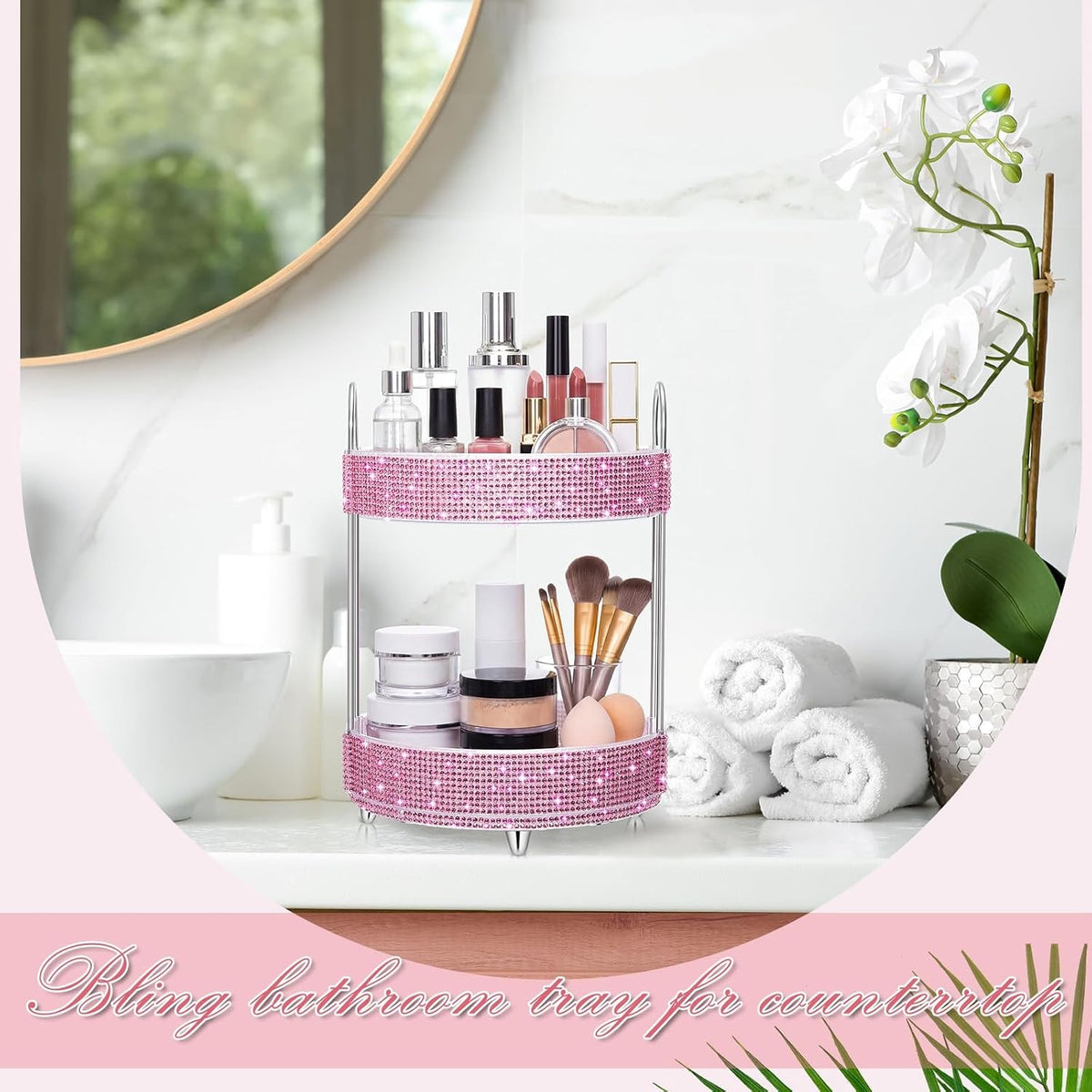 360 Rotating Rhinestone Perfume Organizer 2 Tiers Pink Diamond Display