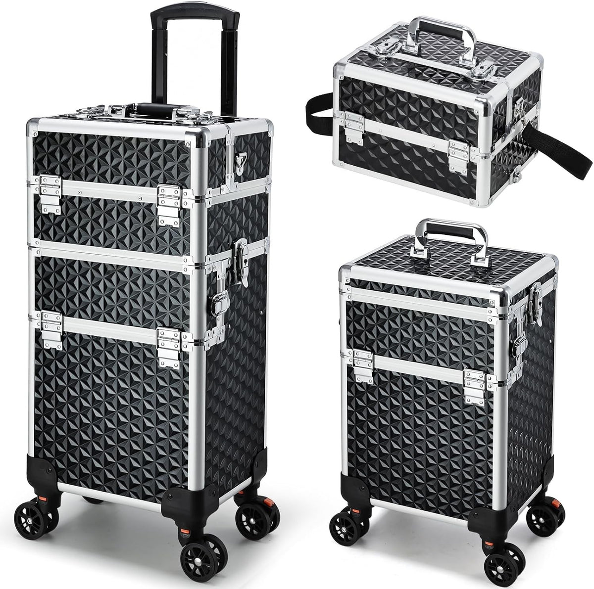 3-in-1 Portable Rolling Makeup Case with Detachable Compartments & Lockable Storage