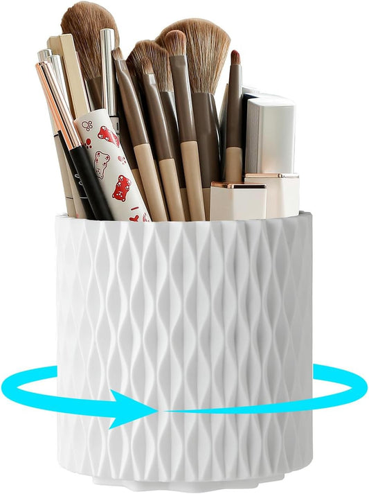 White Rotating Makeup Brush Organizer with 5 Compartments | Vanity & Desk Storage