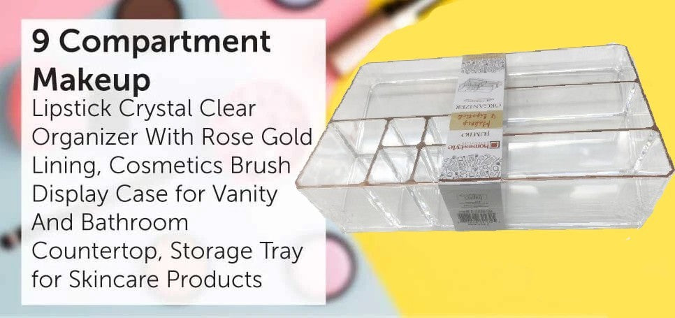 9 Slot Makeup Organizer with Rose Gold Lining - Clear Acrylic Cosmetic Storage