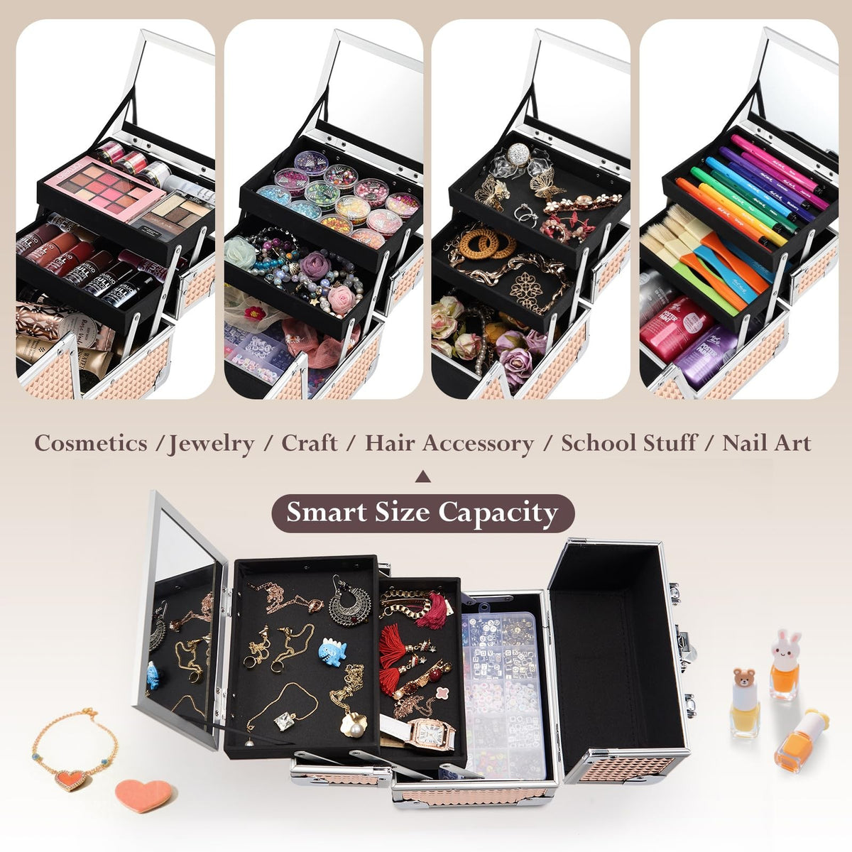 Rose Gold Makeup Organizer Case with Mirror Lockable Portable Storage
