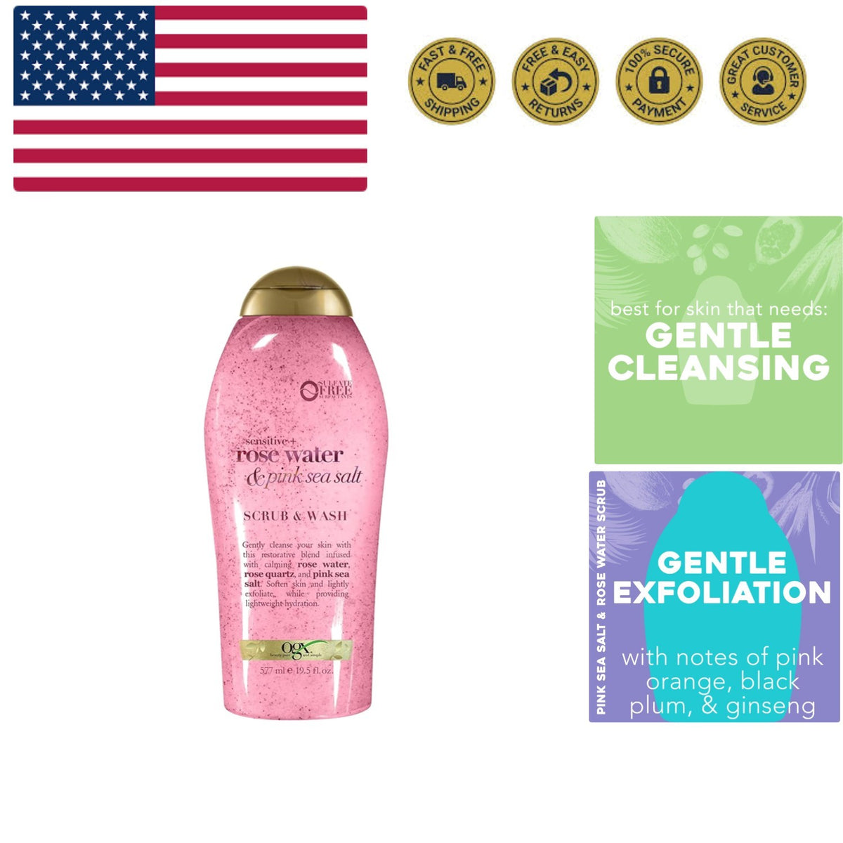 Sensitive Rose Water & Pink Sea Salt Exfoliating Body Scrub - Gentle Daily Wash for Sensitive Skin
