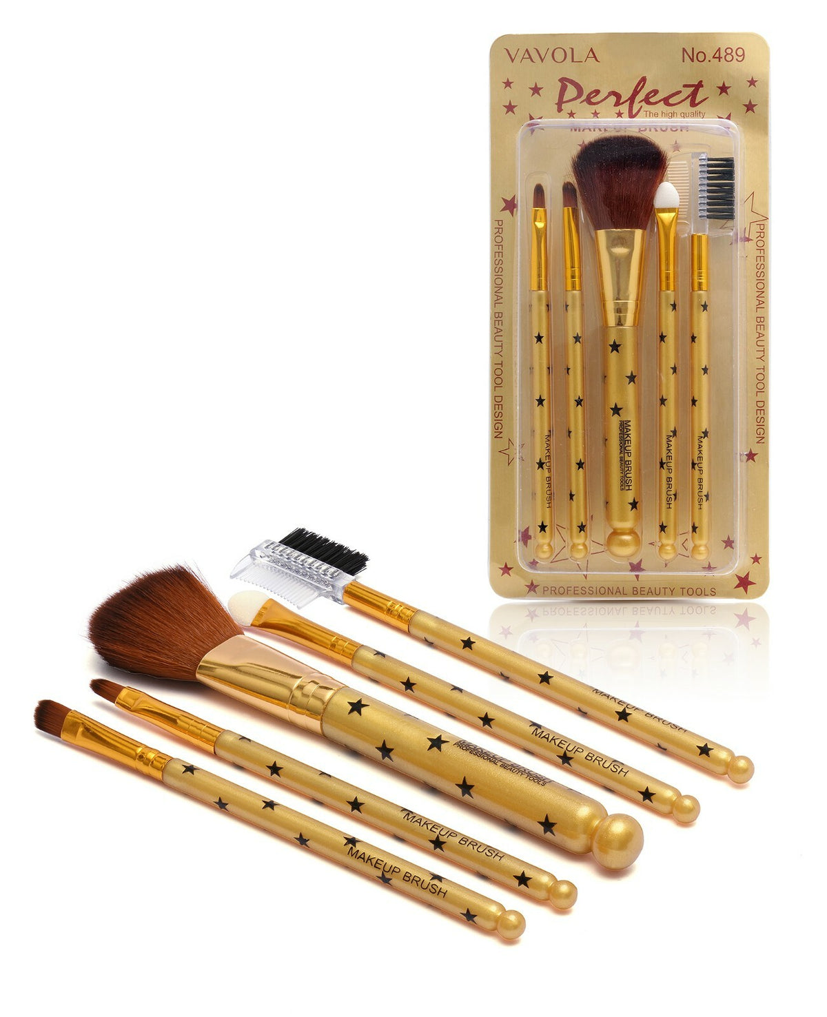 5-Piece Makeup Brush Set with Gold Handles for Eyes, Face & Eyebrows