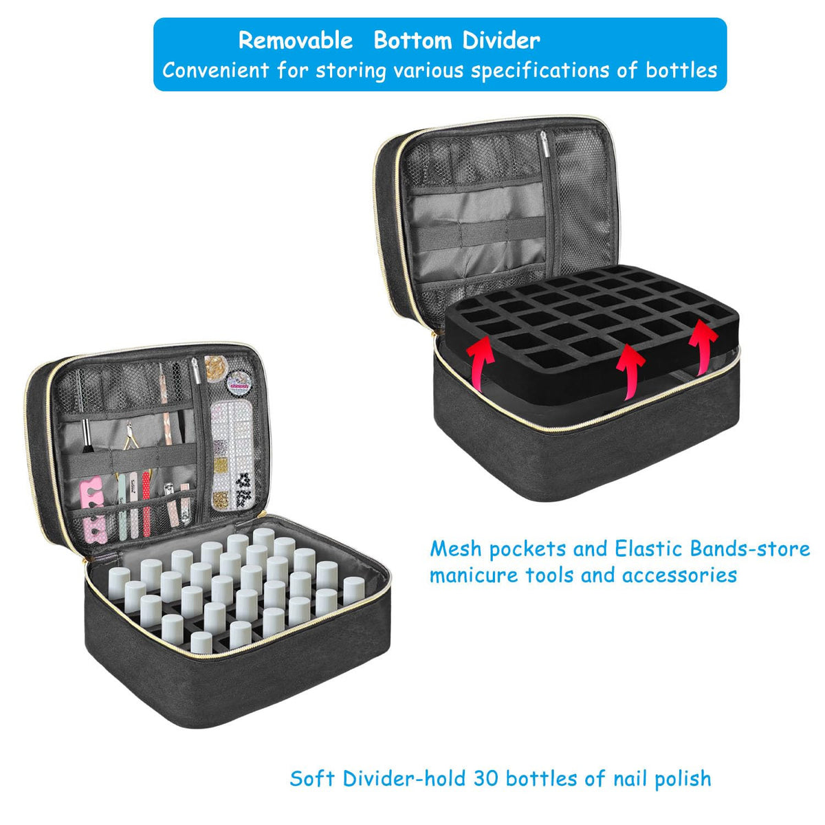 Double-Layer Nail Polish Carrying Case with Storage for 30 Bottles
