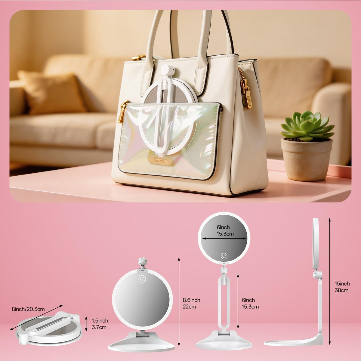 Travel Makeup Mirror with Lights 40X Magnification Dual-Sided Foldable & Dimmable